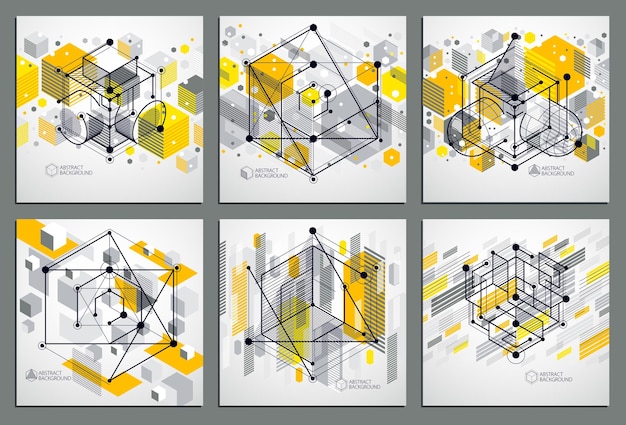 Vector industrial and engineering yellow backgrounds set, future technical plan. Modern geometric composition can be used as template and layout.