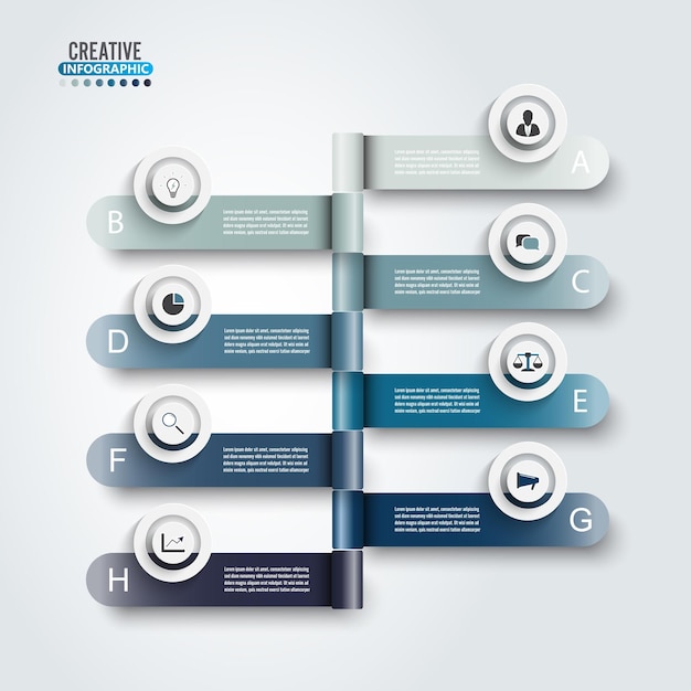 Vector infographic template with 3D paper label, integrated circles. Business concept with 8 options. For content, diagram, flowchart, steps, parts, timeline infographics, workflow, chart.