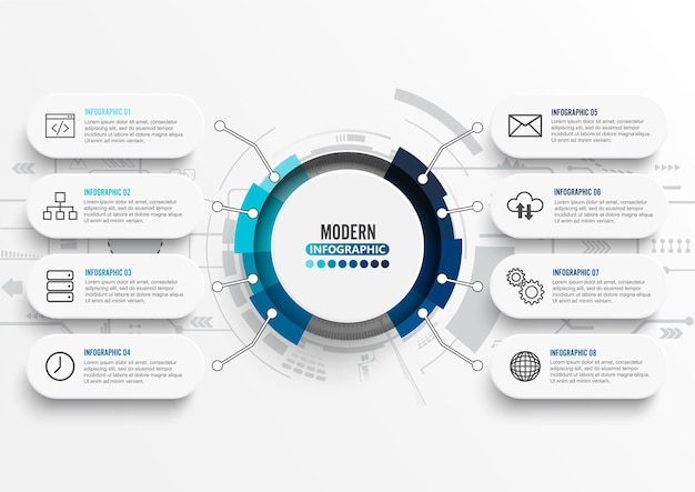 Vector infographic template with 3D paper label integrated circles Technology concept with 8 options For content diagram flowchart steps parts timeline infographics workflow chart