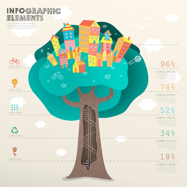 Vector vector infographic template with tree beneath houses