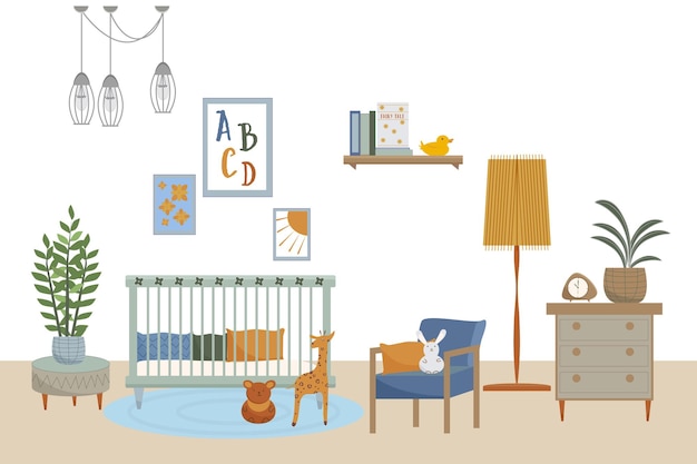 Vector vector interior of nursery flat illustration furnitures in scandinavian style