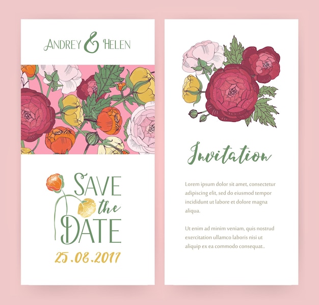 Vector invitation cards with ranunculus flowers and calligraphic letters. Wedding flyer design.