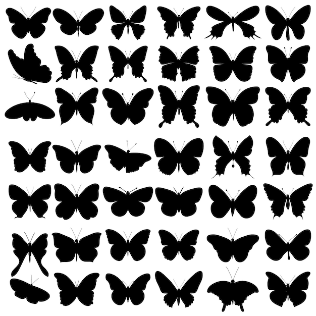 Vector, isolated, black silhouette of a butterfly, set