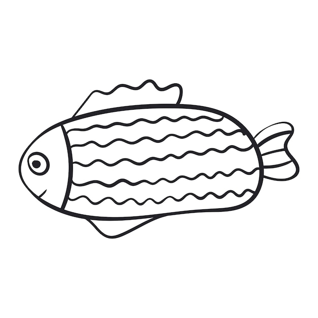 Vector isolated black and white illustration of cartoon fish in doodle style