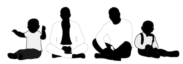 Vector, isolated, black and white silhouettes of men and children sitting