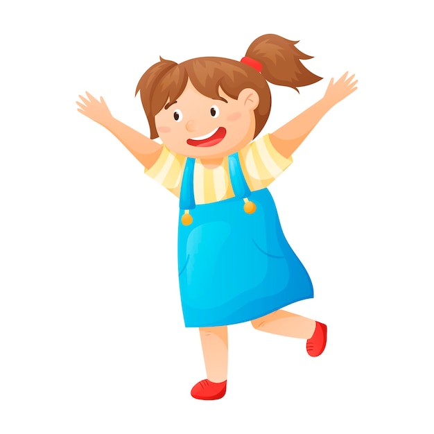 Vector isolated cartoon illustration of a cheerful laughing girl with ponytails in a sundress with raised hands