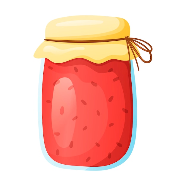 Vector isolated cartoon illustration of a glass jar with red berry jam with a lid on a string.