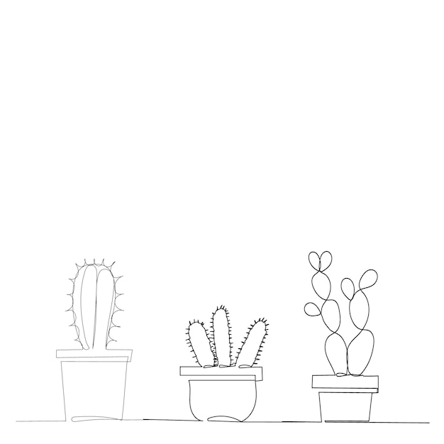 Vector isolated continuous line drawing of a cactus in a pot set