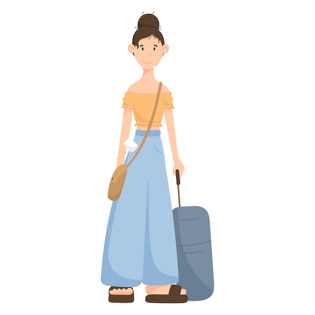 Vector isolated flat illustration of a Traveling Woman with a Suitcase and a bag over her shoulder