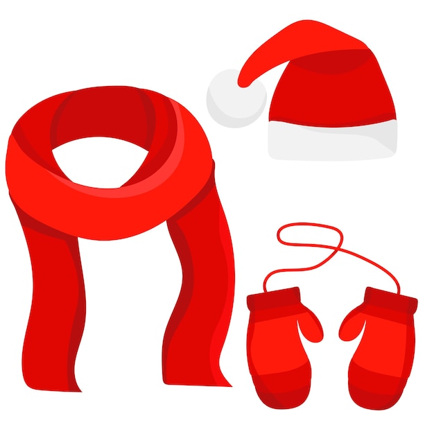 Vector isolated flat style santa hat scarf and mittens