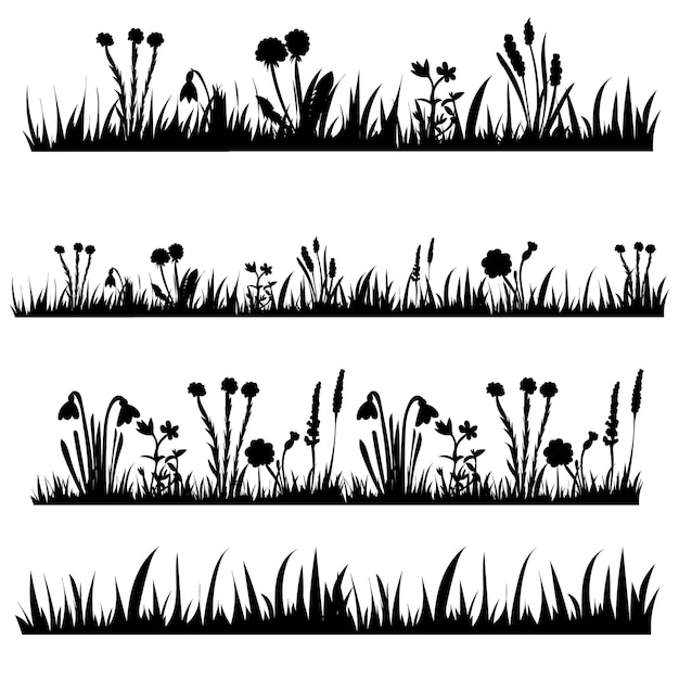 Vector isolated grass and flower black silhouette set