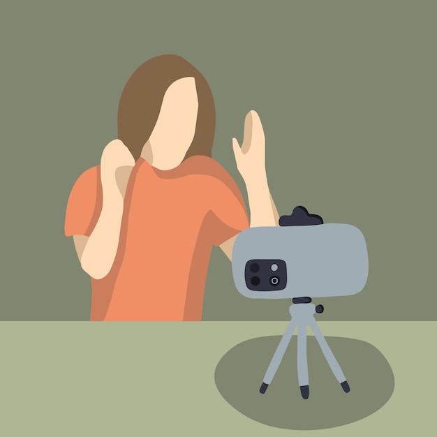 Vector isolated illustration of blogger girl recording video.