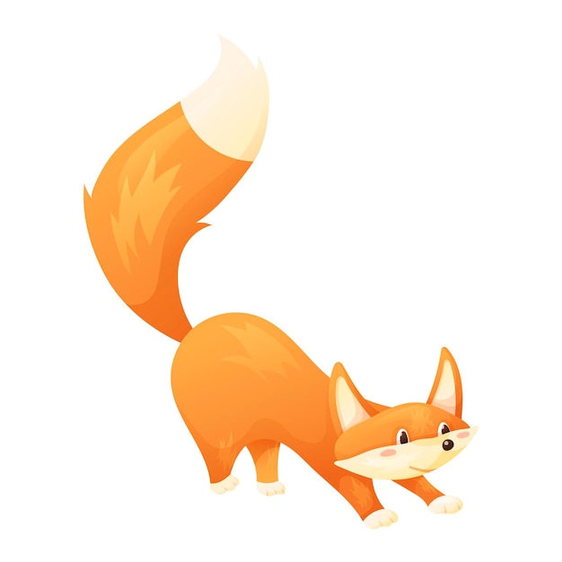 Vector isolated illustration of cartoon cheerful animal A sly red fox with a fluffy tail prepares to jump or stretches