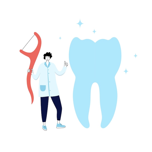 Vector isolated illustration of tooth and doctor holding toothbrush. Concept of tooth cleaning