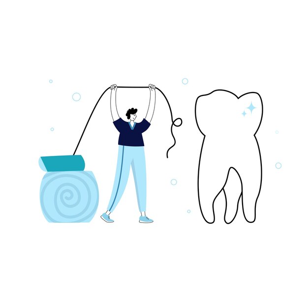 Vector isolated illustration of tooth and doctor holding toothbrush. Concept of tooth cleaning