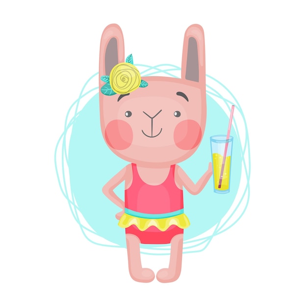 Vector isolated image of a cartoon bunny on the beach in a pink swimsuit with a cocktail