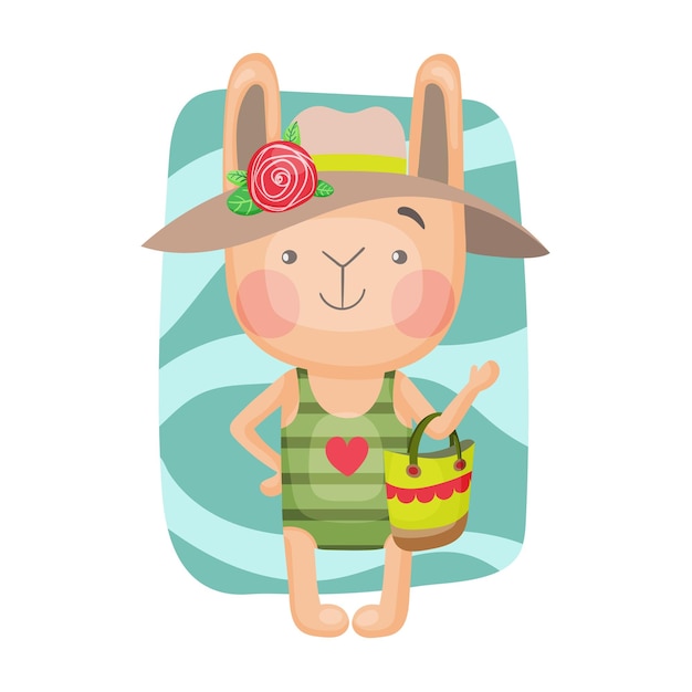 Vector isolated image of a cartoon bunny on the beach in a swimsuit and hat Children's illustration in handdrawn style