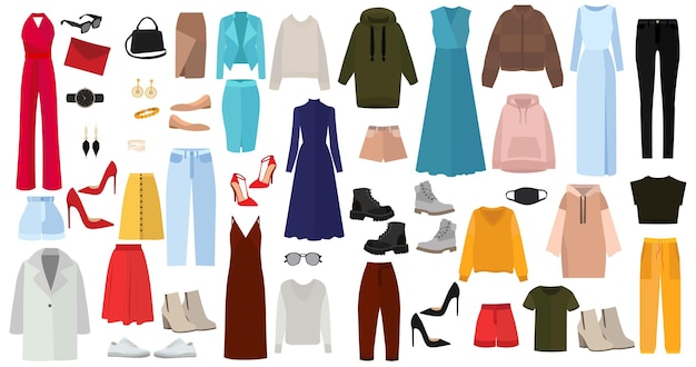 Vector, isolated, set, collection of fashionable womens clothing and accessories