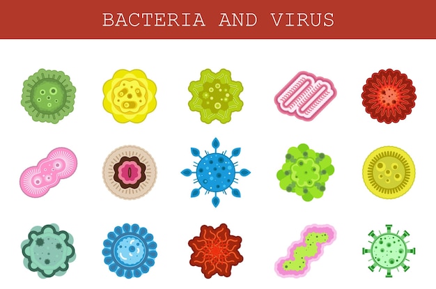 Vector isolated set of flat icons of microscopic organisms microbe bacteria