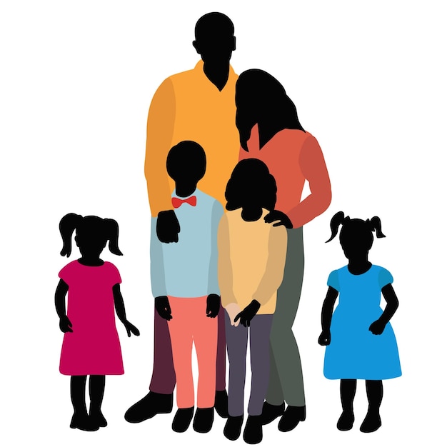 Vector isolated silhouette in colored clothes family with children