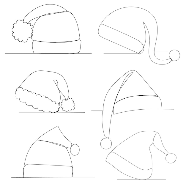 Vector, isolated, single continuous line drawing santa hat, set