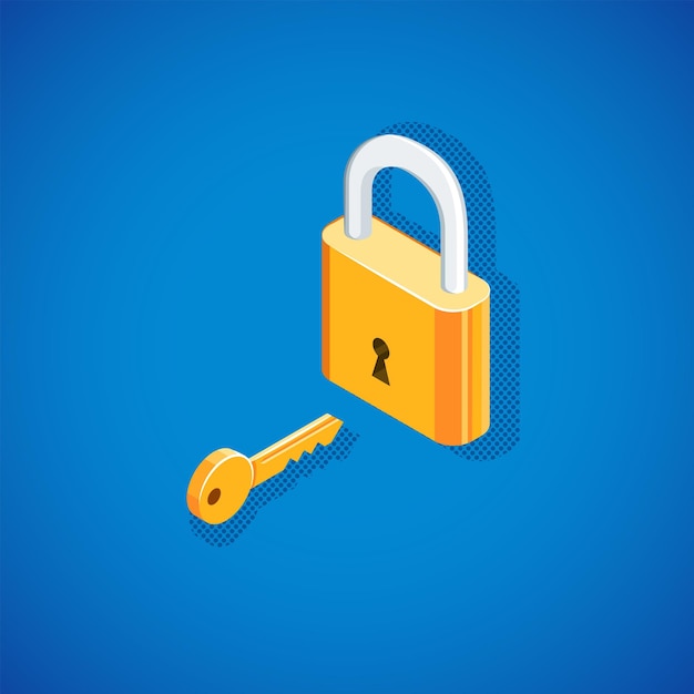 Vector isometric design gold shiny locked padlock with key illustration isolated blue background