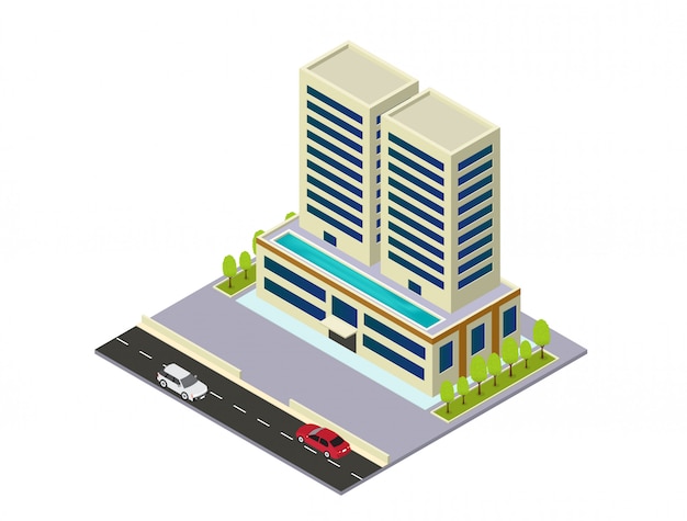 Vector isometric hotel, apartment,or skyscraper building