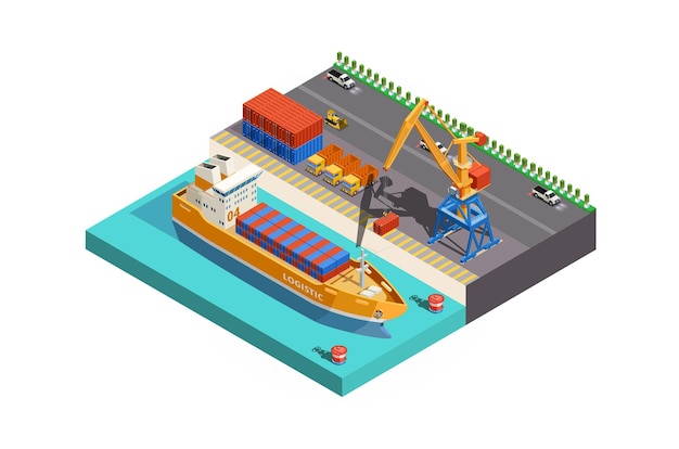 Vector isometric icon or infographic element poly cargo port with cranes