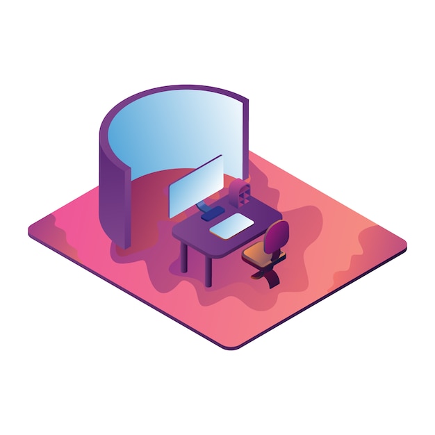 Vector isometric illustration representing IT office with a computer screen and monitor screen