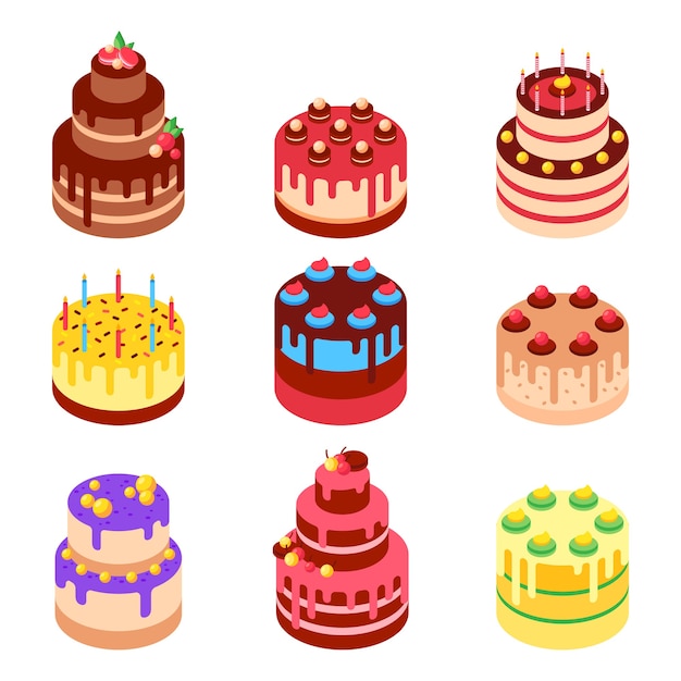 Vector isometric illustration of sweet baked cakes.