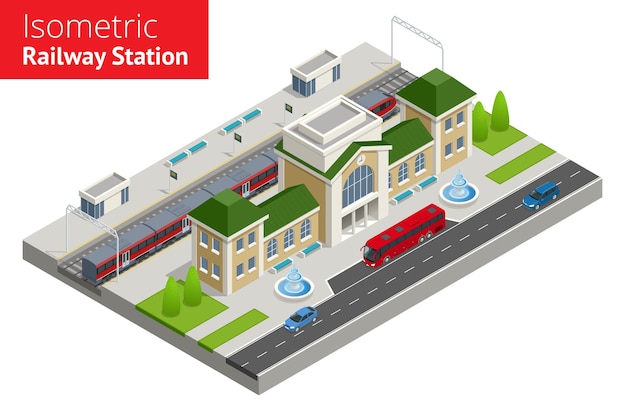 Vector isometric infographic element Railway Station Building Terminal. City Train. Building Facade Train Station public train station building with passenger trains, platform, related infrastructure