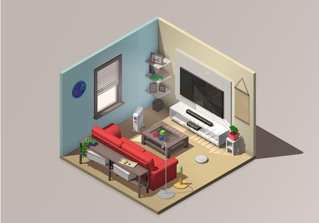 Vector isometric living room interior with red sofa