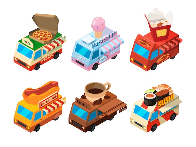 Vector vector isometric pictures set of different food trucks on the street