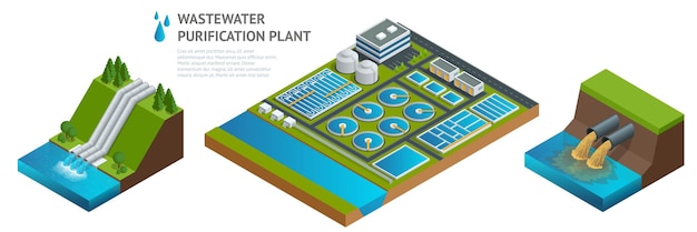 Vector isometric storage tanks in sewage water treatment plant. Dirty wastewater. Discharge of liquid chemical waste. The danger for the environment.