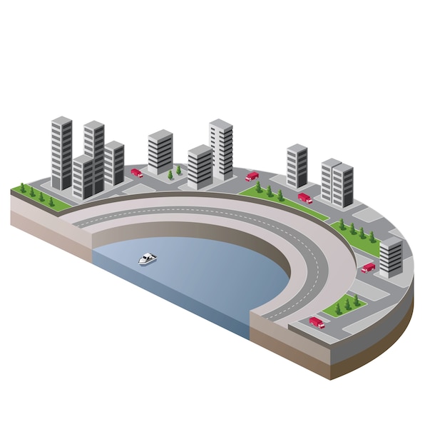 Vector isometric view of the city to the quay and the ship