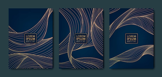 Vector japanese leaves art deco patterns Wavy sea golden elements template in vintage style Luxury black line covers flyers brochures packaging design social media post banners