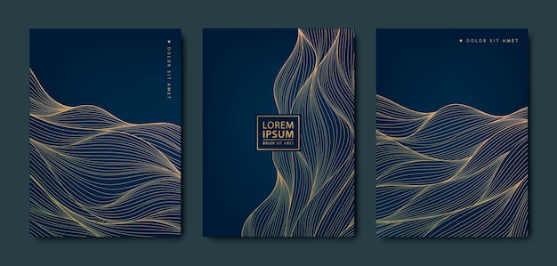 Vector japanese wave patterns with abstract art background Water surface and ocean elements template in vintage style Luxury black line covers flyers brochures