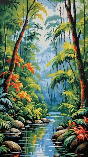 Vector of a jungle with a river and trees in the background