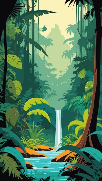 Vector of a jungle with a waterfall in the background