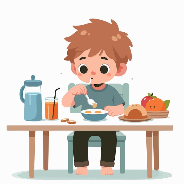 Vector vector kid having breakfast with flat design style