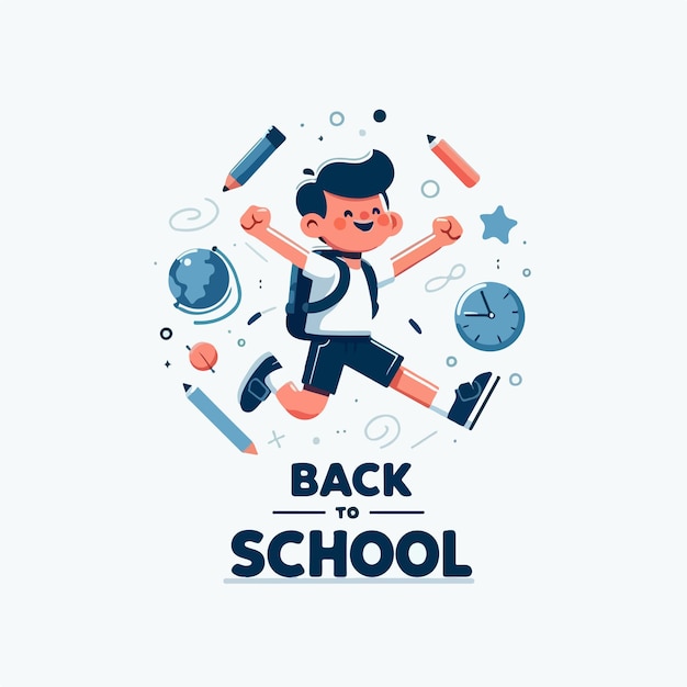 Vector vector kid is cheerful and back to school text with a simple flat design style