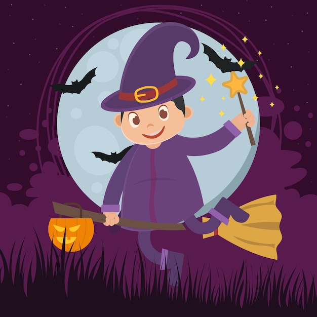 Vector of kid witch with purple clothes