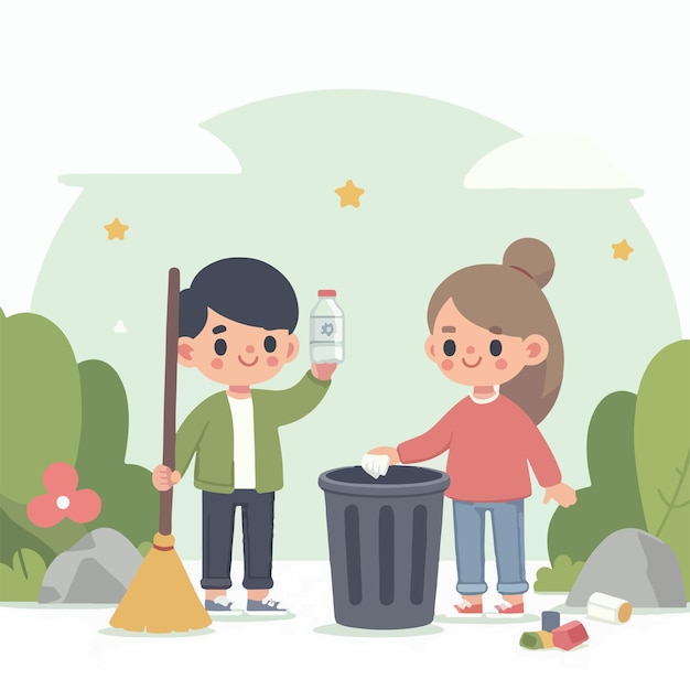 vector kids cleaning up trash