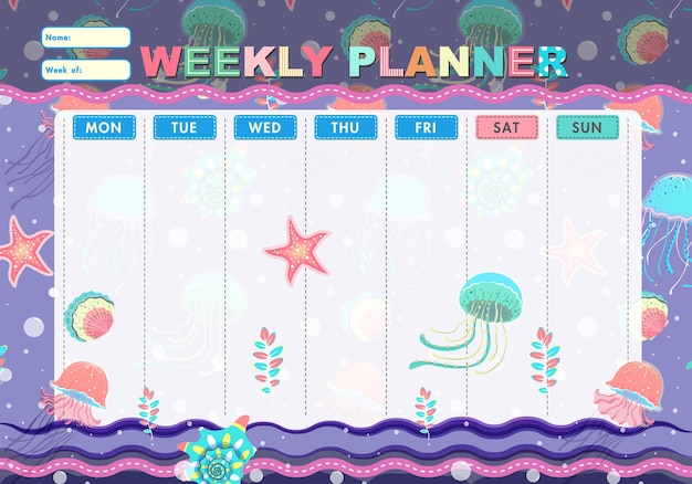 Vector kids schedule with cartoon jellyfish and sea shell_Schedule template for printing