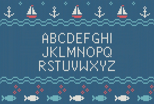 Vector knitted latin alphabet on sea theme patterns background. Sea font with woolen knitted texture.