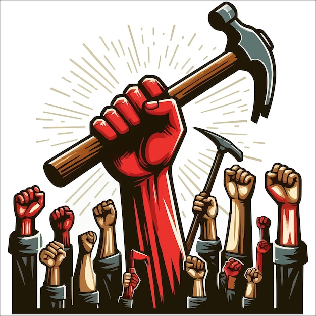 vector Labours hand rising with holding hammer may day concept