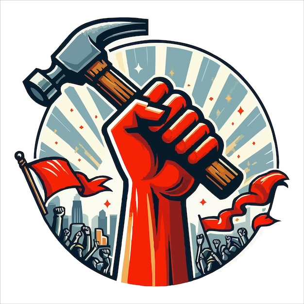 vector Labours hand rising with holding hammer may day concept