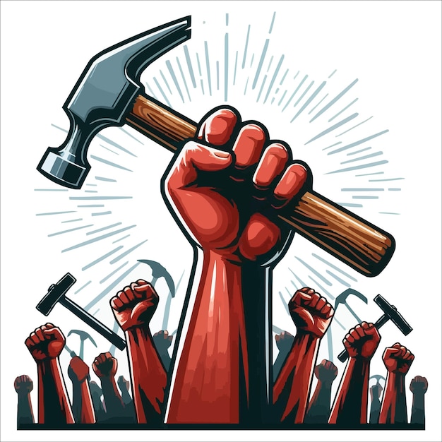 vector Labours hand rising with holding hammer may day concept