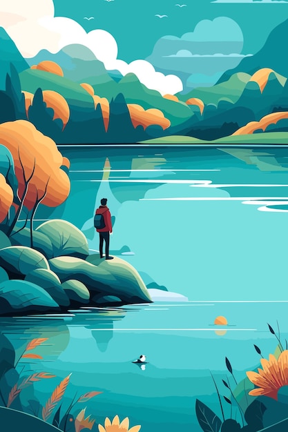 A vector of lake scenery landscape nature illustration