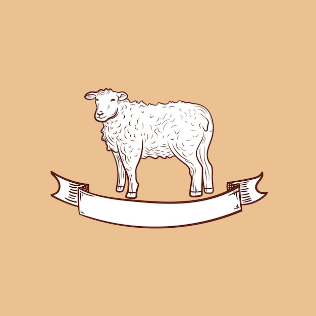 Vector Lamp Sheep sketch with vintage banner retro style emblem template